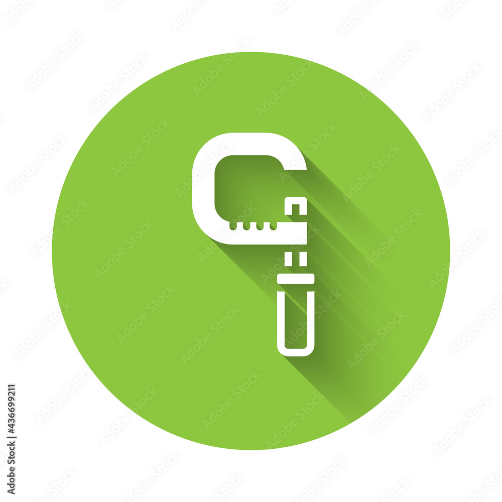Poster white micrometer icon isolated with long shadow. measuring engineer tool. universal device designed 