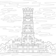 High medieval brick tower with semi-circular windows, trees and grass, sky and clouds. Architecture illustration on a white isolated background. For coloring book pages.