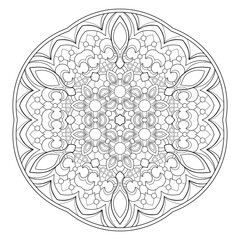 Decorative mandala with floral and round patterns on a white isolated background. For coloring book pages.