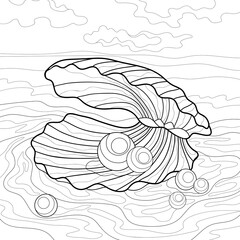 Seashell with simple patterns and pearls on sand. Sky, clouds  and water. Summer illustration on a white isolated background. For coloring book pages.