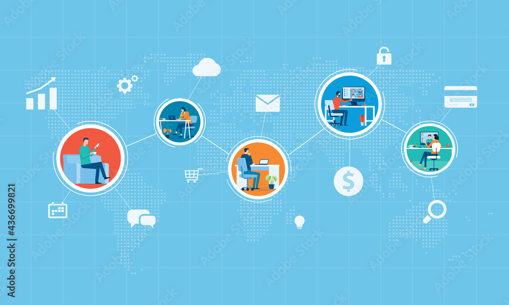 Aufkleber flat vector business people using technology to remote working and business smart working online connect anywhere concept