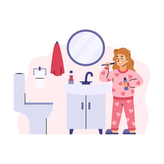 Girl brushing her teeth in bathroom, cartoon vector illustration isolated.