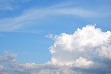 Naklejka na ściany i meble White clouds in bright sky on natural background.
