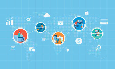 flat vector business people using technology to remote working and business smart working online connect anywhere concept