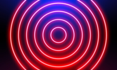 Abstract red neon light circles background.