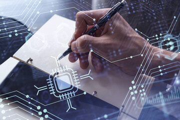 Arm in formal wear writing down some ideas using phone to create innovative software to provide a completely new high-tech service. Close up shot. Hologram tech graphs. Concept of Dev team