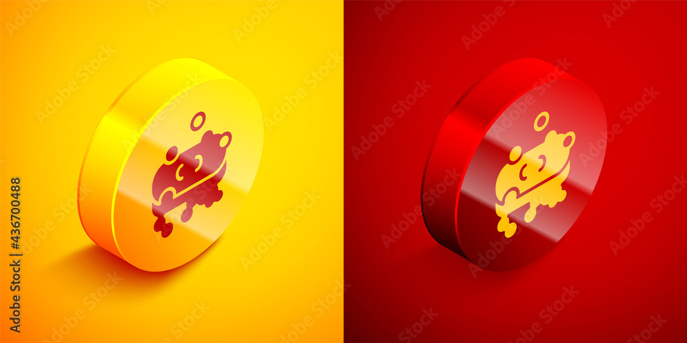 Poster isometric bar of soap with foam icon isolated on orange and red background. soap bar with bubbles. c