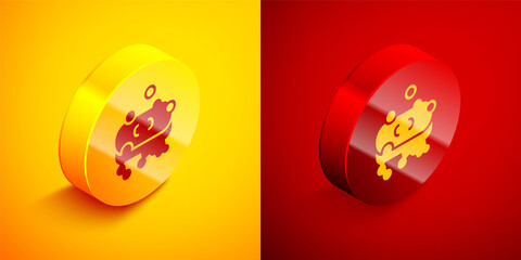 Isometric Bar of soap with foam icon isolated on orange and red background. Soap bar with bubbles. Circle button. Vector