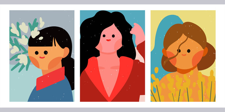 A set of three illustrations of lovely cartoon girls. Bright posters with young women. Fresh summer illustrations for social networks, stories, profile avatars. Close-up portraits of happy people.