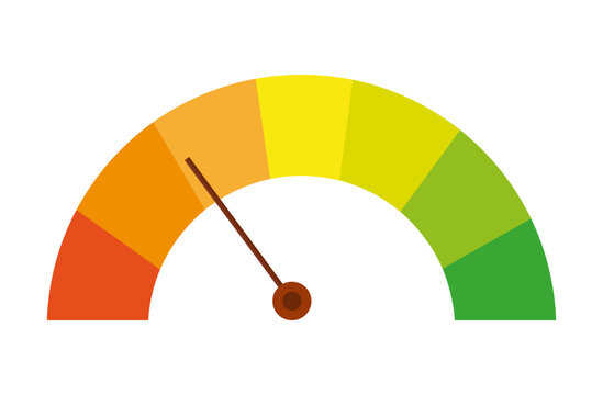 Indicator temperature gauge with arrow and dial. Colored measuring  semicircle scale.  Dashboard for measuring performance and level. Process control with pointer and diagram. Vector illustration 