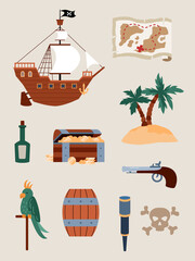 Collection of pirate accessories and icons, flat vector illustration isolated.