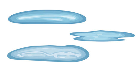 Puddle water or rain spilled, drops. Pure clear water on the floor or ground. Wet surface, liquid collection with reflection. Autumn collection of big drops. For design decoration. Vector illustration