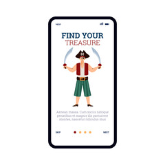 Home screen with pirate and find your treasure lettering, vector illustration.