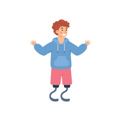Cheerful disabled boy with prosthetic limb, cartoon vector illustration isolated.