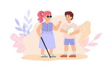 Boy and handicapped blind girlfriend, cartoon vector illustration isolated.