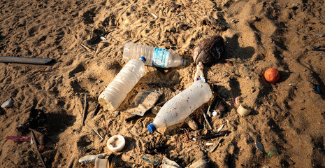 Polluted Sri Lankan beach with garbage