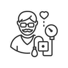 Senior man measuring blood pressure - line design single isolated icon