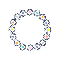 Floral bloomy wreath with multicoloured dots vector illustration isolated on white. Cute hippie round frame of simple naive daisy clipart. Boho circlet of flowers design element.