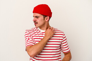 Young caucasian man isolated on white background suffers pain in throat due a virus or infection.