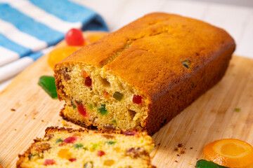 Sant Joan sponge cake with candied fruit. Traditional Spanish dessert to celebrate summer.
