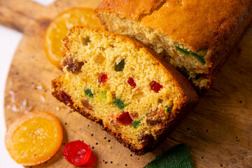 Sant Joan sponge cake with candied fruit. Traditional Spanish dessert to celebrate summer.