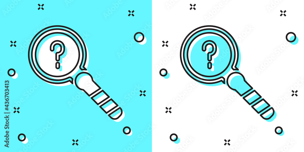 Aufkleber black line unknown search icon isolated on green and white background. magnifying glass and question