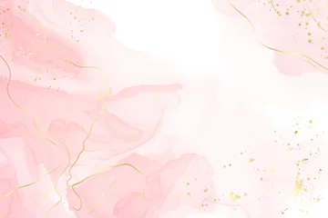 Deurstickers Abstracte stoffige blush vloeibare aquarel achtergrond met gouden scheuren. Pastelroze marmeren alcoholinkt tekeneffect. Vector illustratie ontwerpsjabloon voor huwelijksuitnodiging © svetolk
