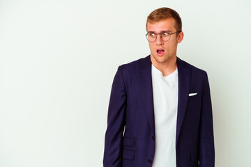 Young business caucasian man isolated on white background