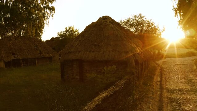 Village with shack hut houses.