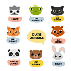 Cartoon set animal heads with motivational phrases. Modern concept of flat design for kids cards, banners and invitations. vector illustration