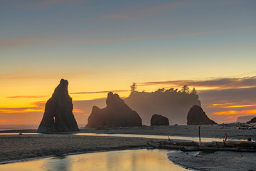 Olympic National Park, Washington, USA at Ruby Beach at dusk.