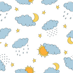 Simple children's pattern with clouds, sun and moon. Seamless pattern with rain and snow. Background for poster, cover booklet, banner, surface design.