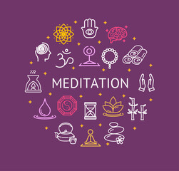Yoga Meditation Relaxation Round Design Template Contour Lines Icon Concept. Vector
