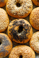 Raw bagels with the addition of various seeds prepared for baking, top view. Traditional bread