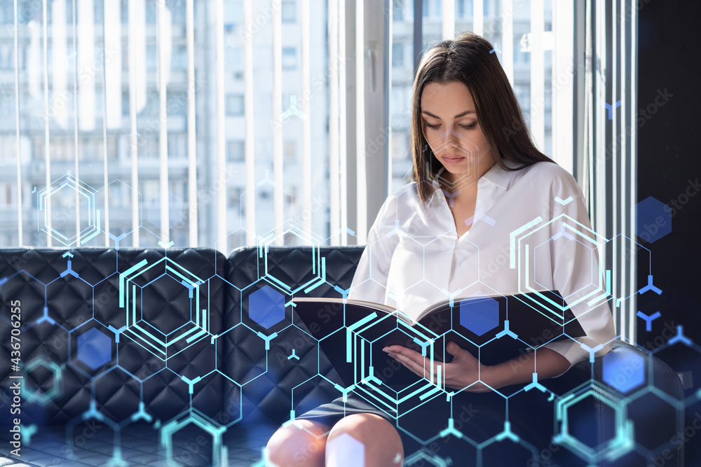 Aufkleber portrait of attractive businesswoman in formal wear working with documents and thinking how to optim