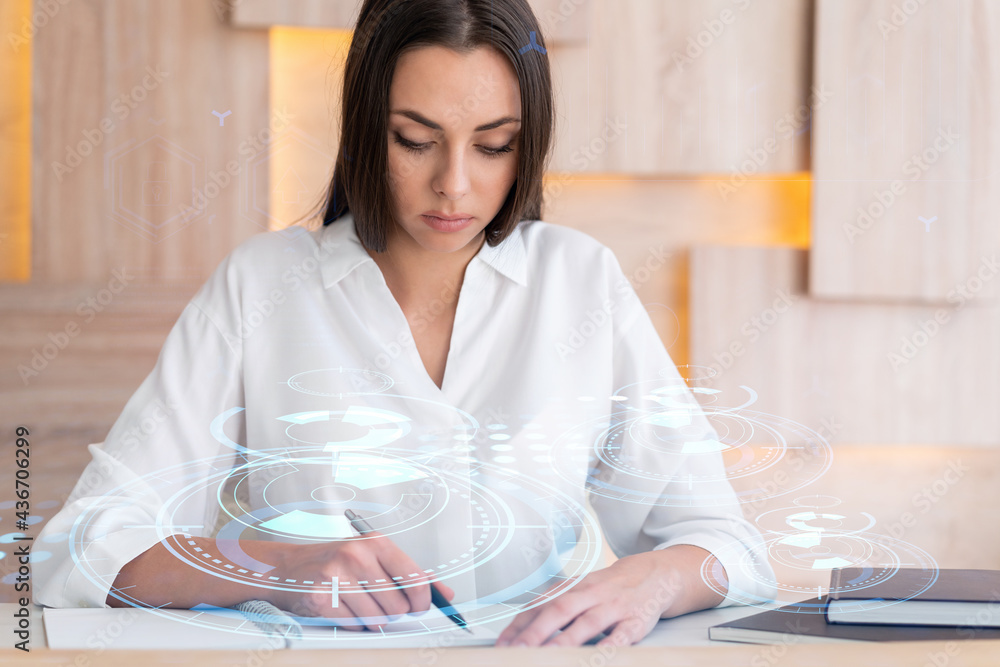Poster portrait of attractive businesswoman in formal wear working with documents and thinking how to optim