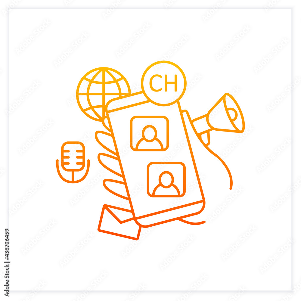 Aufkleber voice chat app gradient icon. communication application with friends. listening lecture. hand keeps 