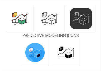 Predictive modeling icons set.Process that uses data and statistics to predict outcomes with data models. Customer data.Collection of icons in linear,filled, color styles.Isolated vector illustrations