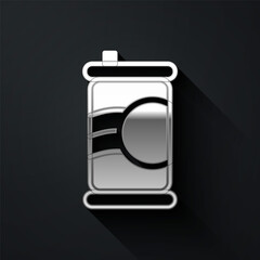 Silver Soda can icon isolated on black background. Long shadow style. Vector