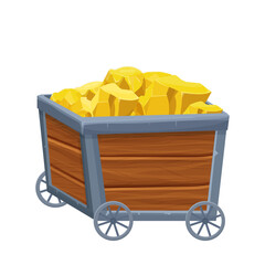 Wooden Mine cart, trolley with gold ore in cartoon style isolated on white background. Game asset,ui. Fortune concept. . Vector illustration