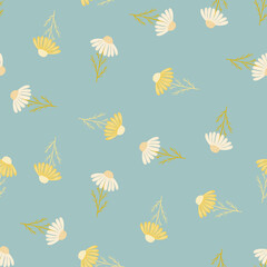 Vintage style seamless pattern with random white and yellow camomile flowers print. Blue background.