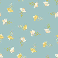 Vintage style seamless pattern with random white and yellow camomile flowers print. Blue background.