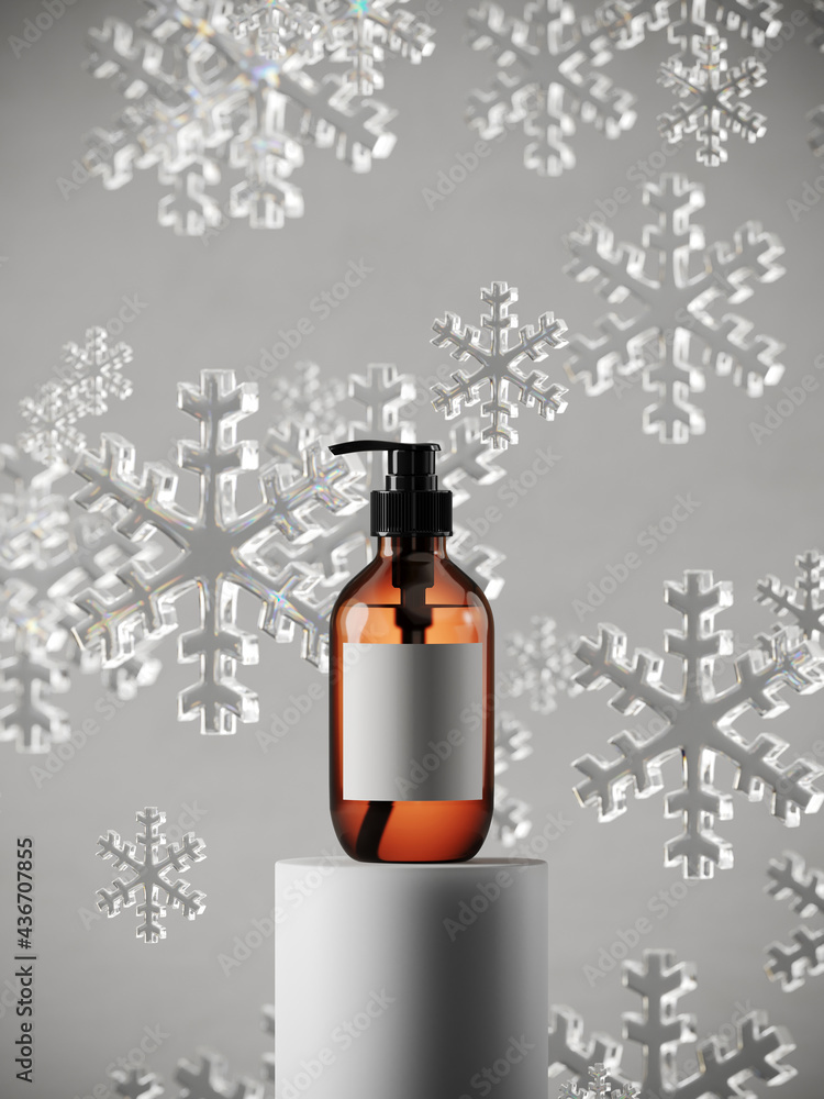 Poster minimal product background for christmas, new year and sale event concept. grey podium with snowflak