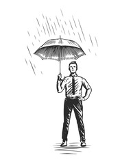 Businessman with umbrella standing under rain. Business protection concept vector illustration