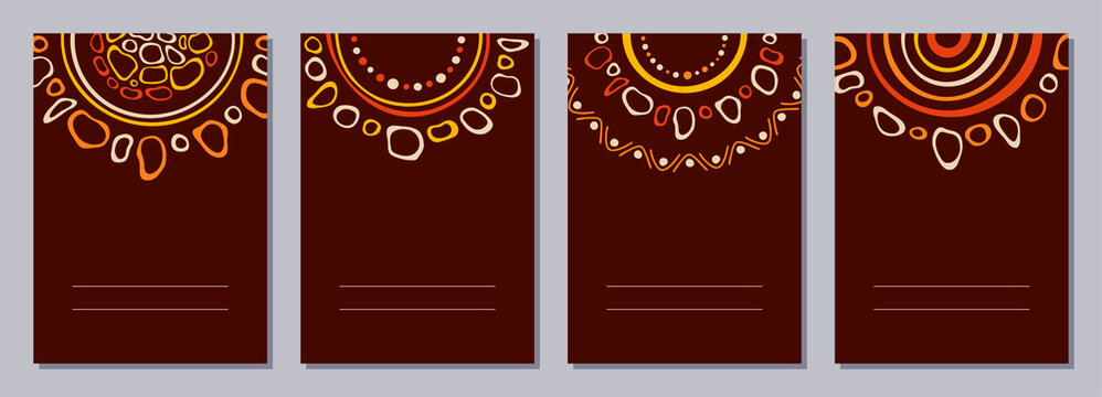Set of flyers, posters, banners, placards, brochure design templates A6 size with stylized sun, tribal ornaments of red, yellow, brown, beige colors. Card templates. Australian, Aboriginal art.