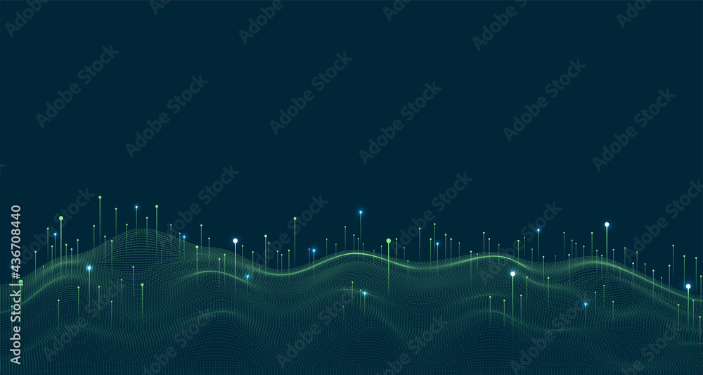 Poster big data visualization concept. dynamic wave on blue background. wave of particles