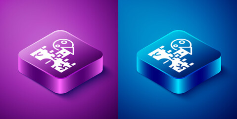 Isometric Castle icon isolated on blue and purple background. Medieval fortress with a tower. Protection from enemies. Reliability and defense of the city. Square button. Vector
