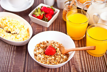 Healthy breakfast. Granola, muesli with fresh berries.
