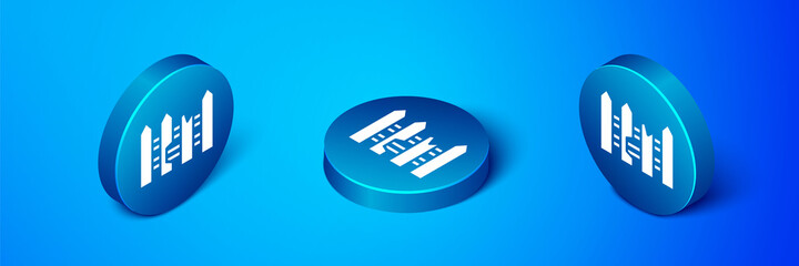 Isometric Garden fence wooden icon isolated on blue background. Blue circle button. Vector