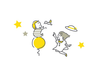 ふんわり空に浮かぶ赤ちゃんと女の子のシンプルな線画イラスト